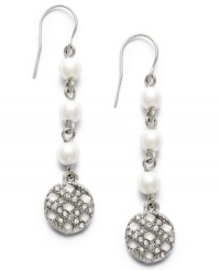 Cool, classy and sophisticated. Lauren by Ralph Lauren's High Society earrings highlight three glass pearls (5 mm) and a unique glass-accented basket weave drop charm. Set in silver tone mixed metal. Approximate drop: 2 inches. Cool, classy and sophisticated. Lauren by Ralph Lauren's High Society earrings highlight three glass pearls (5 mm) and a unique glass-accented basket weave drop charm. Set in silver tone mixed metal. Approximate drop: 2 inches.