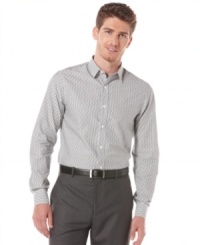 This Perry Ellis button-down offers a slim stylish fit and a classic striped design. This Perry Ellis button-down offers a slim stylish fit and a classic striped design.