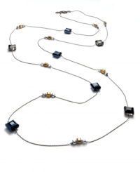 Long on style and charm, this illusion necklace from c.A.K.e. by Ali Khan displays square beads and glass cubes in playful color. Crafted in hematite tone mixed metal. Approximate length: 60 inches. Long on style and charm, this illusion necklace from c.A.K.e. by Ali Khan displays square beads and glass cubes in playful color. Crafted in hematite tone mixed metal. Approximate length: 60 inches.