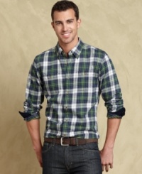 Fill out your fall look with this slim-fit plaid shirt from Tommy Hilfiger. Fill out your fall look with this slim-fit plaid shirt from Tommy Hilfiger.