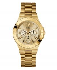 Pull out all the stops with the high shine of this golden watch by GUESS. Pull out all the stops with the high shine of this golden watch by GUESS.