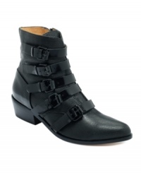 Menswear-inspired with a pointed toe, L.A.M.B.'s Odd Flat booties feature five-buckle detail across the vamp. Menswear-inspired with a pointed toe, L.A.M.B.'s Odd Flat booties feature five-buckle detail across the vamp.