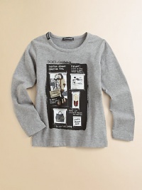 A long-sleeved, cotton tee gets a fashionable update with a shopping print.CrewneckLong sleevesPullover style94% cotton/6% spandexMachine washMade in Italy A long-sleeved, cotton tee gets a fashionable update with a shopping print.CrewneckLong sleevesPullover style94% cotton/6% spandexMachine washMade in Italy