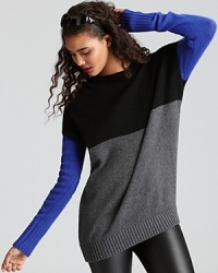 Embolden your look in this Aqua Cashmere color block sweater, cut in an oversized silhouette. Balance the loose fit with sleek leggings or your favorite skinnies for boy-meets-girl cool. Embolden your look in this Aqua Cashmere color block sweater, cut in an oversized silhouette. Balance the loose fit with sleek leggings or your favorite skinnies for boy-meets-girl cool.
