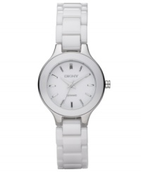 Dress with designer perfection. This DKNY watch features a lacquered white ceramic bracelet and round case. White dial with silvertone stick indices and logo. Quartz movement. Water resistant to 50 meters. Two-year limited warranty. Dress with designer perfection. This DKNY watch features a lacquered white ceramic bracelet and round case. White dial with silvertone stick indices and logo. Quartz movement. Water resistant to 50 meters. Two-year limited warranty.
