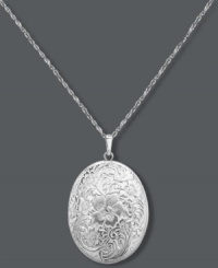 The perfect compartment for four of your favorite photos! This timeless locket features a sterling silver setting and engraved floral surface. Approximate length: 18 inches. Approximate drop: 1 inch. The perfect compartment for four of your favorite photos! This timeless locket features a sterling silver setting and engraved floral surface. Approximate length: 18 inches. Approximate drop: 1 inch.