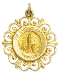 In honor of Our Lady of Fátima, this intricate filigree charm is a great way to commemorate your faith. Script reads: Our Lady of Fatima Pray For Us. Crafted in 14k gold. Approximate length: 9/10 inch. Approximate width: 7/10 inch. In honor of Our Lady of Fátima, this intricate filigree charm is a great way to commemorate your faith. Script reads: Our Lady of Fatima Pray For Us. Crafted in 14k gold. Approximate length: 9/10 inch. Approximate width: 7/10 inch.