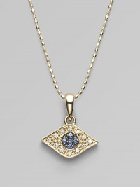 The iconic symbol of protection, in 14k yellow gold with black and white pavé diamonds and blue sapphires, on a yellow gold ball chain. Diamonds, 0.07 tcw Sapphires 14k yellow gold Chain length, about 16 Pendant length, about ½ Lobster clasp Imported