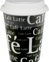Konitz 12-Ounce Cafe Latte Writing On Black Travel Mugs and Silicon Lid, Black/White, Set of 4