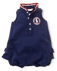 A red, white and blue design finished with USA patching, cute ruffles and embroidered emblems gives a preppy all-American look to an adorable bubble celebrating Team USA's participation in the 2012 Olympics. A red, white and blue design finished with USA patching, cute ruffles and embroidered emblems gives a preppy all-American look to an adorable bubble celebrating Team USA's participation in the 2012 Olympics.