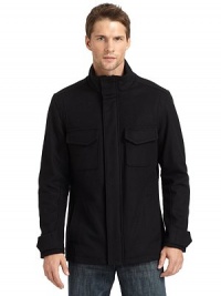 THE LOOKStand collar with snap throat tabKnit storm collarZip front with snap storm flapChest patch pockets; waist slash pocketsSnap tabs at cuffsStraight back yokeBack shoulder gussetsTHE FITAbout 26 from shoulder to hemTHE MATERIALShell: 80% wool/20% cashmereFill: polyesterFully linedCARE & ORIGINDry clean Imported THE LOOKStand collar with snap throat tabKnit storm collarZip front with snap storm flapChest patch pockets; waist slash pocketsSnap tabs at cuffsStraight back yokeBack shoulder gussetsTHE FITAbout 26 from shoulder to hemTHE MATERIALShell: 80% wool/20% cashmereFill: polyesterFully linedCARE & ORIGINDry clean Imported