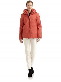 THE LOOKTextured alloverRuffled collar with drawstring Concealed snap and zip frontDual snap welt pocketsChannel quilted interiorTHE FITAbout 27 from shoulder to hemTHE MATERIALShell and lining: polyesterFill: goose downCARE & ORIGINDry cleanMade in ItalyModel shown is 5'9 (175cm) wearing US size 4. THE LOOKTextured alloverRuffled collar with drawstring Concealed snap and zip frontDual snap welt pocketsChannel quilted interiorTHE FITAbout 27 from shoulder to hemTHE MATERIALShell and lining: polyesterFill: goose downCARE & ORIGINDry cleanMade in ItalyModel shown is 5'9 (175cm) wearing US size 4.