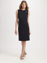 A sleek sheath with an asymmetrical button detail at the shoulder for a fashion-forward look.Round neckSleevelessButton detail at shoulderSide zipperAbout 25 from natural waist50% virgin wool/50% acrylicDry cleanImported Model shown is 5'9½ (176cm) wearing US size Small. A sleek sheath with an asymmetrical button detail at the shoulder for a fashion-forward look.Round neckSleevelessButton detail at shoulderSide zipperAbout 25 from natural waist50% virgin wool/50% acrylicDry cleanImported Model shown is 5'9½ (176cm) wearing US size Small.
