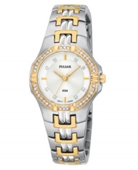 Elevate your everyday elegance with this fine two-tone women's watch from Pulsar, crafted with a hint of sparkling stones. Stainless steel silvertone bracelet and oval case with goldtone accents. Swarovski crystal-accented bezel. Oval white dial with logo and numerical indices. Quartz movement. Water resistant to 50 meters. Three-year limited warranty. Elevate your everyday elegance with this fine two-tone women's watch from Pulsar, crafted with a hint of sparkling stones. Stainless steel silvertone bracelet and oval case with goldtone accents. Swarovski crystal-accented bezel. Oval white dial with logo and numerical indices. Quartz movement. Water resistant to 50 meters. Three-year limited warranty.