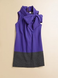 Rendered in Italian ponti jersey, this sleeveless, colorblocked frock has a fancy, frilly bowneck.Turtleneck with fixed bowSleevelessHidden back zipperViolet: 85% viscose/11% nylon/4% elastaneSlate: 98% viscose/2% elastaneDry cleanMade in the USA of imported fabric Rendered in Italian ponti jersey, this sleeveless, colorblocked frock has a fancy, frilly bowneck.Turtleneck with fixed bowSleevelessHidden back zipperViolet: 85% viscose/11% nylon/4% elastaneSlate: 98% viscose/2% elastaneDry cleanMade in the USA of imported fabric