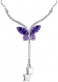 Rhinestones Studded Crystal Butterfly Whimsy Necklace W. Dangling Silver Stars Amethyst Purple - 2017801