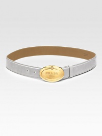 Shiny calfskin with goldtone historical logo buckle. Width, about 1¼ Made in Italy Shiny calfskin with goldtone historical logo buckle. Width, about 1¼ Made in Italy