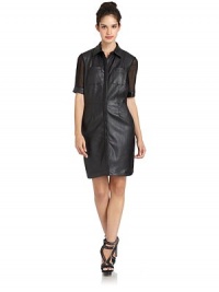 THE LOOKShirt collarConcealed front zip closureDual patch pockets at chestSheer chiffon sleeves and backTHE FITAbout 36 from shoulder to hemTHE MATERIALPolyurethaneFully linedCARE & ORIGINDry cleanImportedModel shown is 5'9 (175cm) wearing US size Small. THE LOOKShirt collarConcealed front zip closureDual patch pockets at chestSheer chiffon sleeves and backTHE FITAbout 36 from shoulder to hemTHE MATERIALPolyurethaneFully linedCARE & ORIGINDry cleanImportedModel shown is 5'9 (175cm) wearing US size Small.
