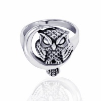 Chuvora 925 Sterling Silver Oxidized Detailed Midnight Owl with Crescent Moon Ring for Women - Nickle Free Chuvora 925 Sterling Silver Oxidized Detailed Midnight Owl with Crescent Moon Ring for Women - Nickle Free