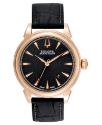 Unparalleled design and rosy details integrate on this Gemini collection watch by Bulova Accutron. Unparalleled design and rosy details integrate on this Gemini collection watch by Bulova Accutron.