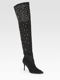 Unapologetically bold silhouette of fine suede with gleaming metal studs, a sky-high heel and classic point toe. Self-covered heel, 3½ (90mm)Shaft, 23½Leg circumference, 16½Suede upper with metal studsPoint toeSide zipLeather lining and solePadded insoleImported Unapologetically bold silhouette of fine suede with gleaming metal studs, a sky-high heel and classic point toe. Self-covered heel, 3½ (90mm)Shaft, 23½Leg circumference, 16½Suede upper with metal studsPoint toeSide zipLeather lining and solePadded insoleImported