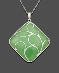 The look of serenity, this peaceful style is both calm and cool. Crafted from solid, square-shaped jade (37 mm), a swirling sterling silver overlay and chain adds the perfect final touch. Approximate length: 18 inches. Approximate drop: 1-9/10 inches. The look of serenity, this peaceful style is both calm and cool. Crafted from solid, square-shaped jade (37 mm), a swirling sterling silver overlay and chain adds the perfect final touch. Approximate length: 18 inches. Approximate drop: 1-9/10 inches.