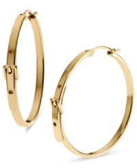 Inspired by classic belt silhouettes, these hoop earrings from Michael Kors are a chic creation to flaunt on the weekends. Crafted in gold ion-plated steel. Approximate length: 1-1/4 inches. Inspired by classic belt silhouettes, these hoop earrings from Michael Kors are a chic creation to flaunt on the weekends. Crafted in gold ion-plated steel. Approximate length: 1-1/4 inches.