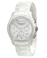 Illuminate your look with this Emporio Armani watch featuring a lacquered white ceramic bracelet and round case. White chronograph dial with silvertone Roman numerals at indices, logo, date window and three subdials. Quartz movement. Water resistant to 30 meters. Two-year limited warranty. Illuminate your look with this Emporio Armani watch featuring a lacquered white ceramic bracelet and round case. White chronograph dial with silvertone Roman numerals at indices, logo, date window and three subdials. Quartz movement. Water resistant to 30 meters. Two-year limited warranty.