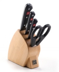The seasoned gourmet is always one step ahead, a cut above the rest. This stamped knife set is manufactured of the highest quality high-carbon surgical stainless steel – a complete arsenal of sensible cutlery that's sure to hold its razor-sharp, long-lasting edge for many meals to come. Lifetime warranty. The seasoned gourmet is always one step ahead, a cut above the rest. This stamped knife set is manufactured of the highest quality high-carbon surgical stainless steel – a complete arsenal of sensible cutlery that's sure to hold its razor-sharp, long-lasting edge for many meals to come. Lifetime warranty.