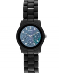 Support the environment's protection and look good doing it with this sleek watch by Sprout. Black corn resin bracelet and round case with mineral crystal lens. Blue mother-of-pearl dial features nine diamond accent markers, three subdials, silvertone hour and minute hands, sweeping second hand and logo. Quartz movement. Limited lifetime warranty. Support the environment's protection and look good doing it with this sleek watch by Sprout. Black corn resin bracelet and round case with mineral crystal lens. Blue mother-of-pearl dial features nine diamond accent markers, three subdials, silvertone hour and minute hands, sweeping second hand and logo. Quartz movement. Limited lifetime warranty.