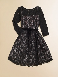 A delicate lace overlay and velvet sash lend glamorous style to this twirl-ready party frock.Round necklineThree-quarter sleevesBack keyhole buttonWaistband with velvet sash tieFull skirtFully linedNylon/Cotton/SpandexDry cleanImported A delicate lace overlay and velvet sash lend glamorous style to this twirl-ready party frock.Round necklineThree-quarter sleevesBack keyhole buttonWaistband with velvet sash tieFull skirtFully linedNylon/Cotton/SpandexDry cleanImported
