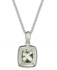 Glamorous green. This pretty pendant features a chic cushion shape that highlights a green quartz stone (5 ct. t.w.) bezel set in sterling silver with a matching chain. Approximate length: 18 inches. Approximate drop: 1/2 inch. Glamorous green. This pretty pendant features a chic cushion shape that highlights a green quartz stone (5 ct. t.w.) bezel set in sterling silver with a matching chain. Approximate length: 18 inches. Approximate drop: 1/2 inch.