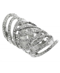 Dress your hands in elegance. An intricate open work design perfectly accents shimmering glass accents on this long stretch ring from GUESS. Set in silver tone mixed metal. Size 8. Dress your hands in elegance. An intricate open work design perfectly accents shimmering glass accents on this long stretch ring from GUESS. Set in silver tone mixed metal. Size 8.