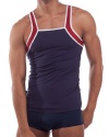 Croota Mens Tank Top, Undershirt, Gymwear, Square Cut, Navy (Red Trim)