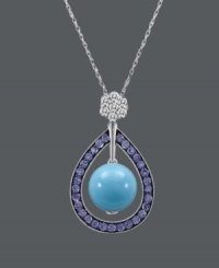 Splash yourself with a summery drop. Carlo Viani's vibrant teardrop pendant shines with the addition of round-cut turquoise (5-3/4 mm), round-cut tanzanite (5/8 ct. t.w.) and a white sapphire-encrusted center (1/4 ct. t.w.). Setting and chain crafted in 14k white gold. Approximate length: 18 inches. Approximate drop: 1-1/10 inches. Splash yourself with a summery drop. Carlo Viani's vibrant teardrop pendant shines with the addition of round-cut turquoise (5-3/4 mm), round-cut tanzanite (5/8 ct. t.w.) and a white sapphire-encrusted center (1/4 ct. t.w.). Setting and chain crafted in 14k white gold. Approximate length: 18 inches. Approximate drop: 1-1/10 inches.