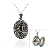 Sterling Silver Filigree Marcasite Garnet Cross Necklace, 18 Sterling Silver Filigree Marcasite Garnet Cross Necklace, 18