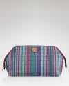 A free-spirited vibe informs this Tory Burch cosmetics case, which is detailed with hippie-chic stripes and a subtle logo medallion. It's a boho beauty.