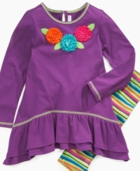 A sweet look to take on fun adventures, the bright colors on this flower dress and striped leggings set from Sweet Heart Rose is a perfect match for her personality. A sweet look to take on fun adventures, the bright colors on this flower dress and striped leggings set from Sweet Heart Rose is a perfect match for her personality.
