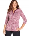 Capture the timeless elegance of safari style with Charter Club's three-quarter-sleeve plus size top, featuring an animal-print-- it's an Everyday Value!