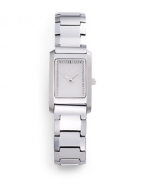 THE LOOKRectangular tungsten case, 20mm (.75) X 25mm (1)Smooth bezelWhite dialBar hour and minute markersSecond handTungsten link braceletWater resistant to 5 ATMTHE MATERIALTungstenORIGINImported THE LOOKRectangular tungsten case, 20mm (.75) X 25mm (1)Smooth bezelWhite dialBar hour and minute markersSecond handTungsten link braceletWater resistant to 5 ATMTHE MATERIALTungstenORIGINImported