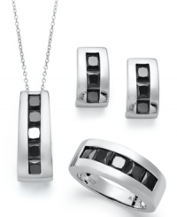 Structured and chic. This stately jewelry set features a sterling silver setting that highlights square-cut onyx gemstones (5-7/8 ct. t.w.). Approximate length (pendant): 18 inches. Approximate drop (pendant): 3/4 inch. Approximate drop (earrings): 1/2 inch. Ring Size 7. Structured and chic. This stately jewelry set features a sterling silver setting that highlights square-cut onyx gemstones (5-7/8 ct. t.w.). Approximate length (pendant): 18 inches. Approximate drop (pendant): 3/4 inch. Approximate drop (earrings): 1/2 inch. Ring Size 7.