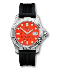 Make a confident statement with this Victorinox Swiss Army watch. Black rubber strap and stainless steel case. Orange dial with logo, luminescent indexes, magnified date window and sapphire crystal. Quartz movement. Swiss made. Water resistant up to 500 meters. Three-year limited warranty. Make a confident statement with this Victorinox Swiss Army watch. Black rubber strap and stainless steel case. Orange dial with logo, luminescent indexes, magnified date window and sapphire crystal. Quartz movement. Swiss made. Water resistant up to 500 meters. Three-year limited warranty.