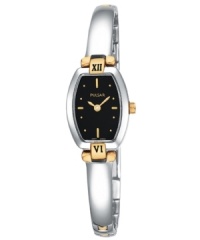 A unique design from Pulsar by Seiko, this bangle watch doubles as a jewelry accessory. Stainless steel bangle bracelet and cushion-shaped case with goldtone accents. Bezel features black Roman numeral twelve at top and six at bottom. Black dial features goldtone stick indices and dot markers, two hands and logo. Quartz movement. Water resistant to 30 meters. Three-year limited warranty. A unique design from Pulsar by Seiko, this bangle watch doubles as a jewelry accessory. Stainless steel bangle bracelet and cushion-shaped case with goldtone accents. Bezel features black Roman numeral twelve at top and six at bottom. Black dial features goldtone stick indices and dot markers, two hands and logo. Quartz movement. Water resistant to 30 meters. Three-year limited warranty.