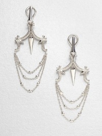 From the Superstud Collection. Beaded scrolls on top hold delicate, draped graduated chains in this sterling silver design that combines pretty shapes with edgy spike-and-stud details.Rhodium-plated sterling silverLength, about 2.5Post-and-hinge back with 14k yellow gold postImported