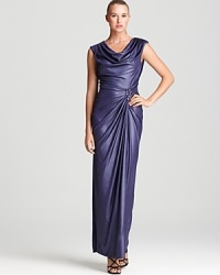 Soft draping lends elegance to this T by Tadashi gown, detailed with a sparkling crystal brooch. Soft draping lends elegance to this T by Tadashi gown, detailed with a sparkling crystal brooch.
