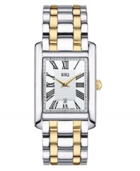 Classic elegance wins every time. Filmore watch by ESQ by Movado crafted of two-tone stainless steel bracelet and rectangular case. Silver tone dial with textured inner dial features black Roman numerals at markers, date window at six o'clock, two gold tone hands and logo. Swiss quartz movement. Water resistant to 30 meters. Two-year limited warranty. Classic elegance wins every time. Filmore watch by ESQ by Movado crafted of two-tone stainless steel bracelet and rectangular case. Silver tone dial with textured inner dial features black Roman numerals at markers, date window at six o'clock, two gold tone hands and logo. Swiss quartz movement. Water resistant to 30 meters. Two-year limited warranty.