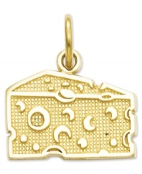 Wine and cheese? Yes please! This adorable Swiss cheese charm features a textured surface and cute design, perfect for the dairy fanatic. Crafted in 14k gold. Chain not included. Approximate length: 3/5 inch. Approximate width: 3/5 inch. Wine and cheese? Yes please! This adorable Swiss cheese charm features a textured surface and cute design, perfect for the dairy fanatic. Crafted in 14k gold. Chain not included. Approximate length: 3/5 inch. Approximate width: 3/5 inch.