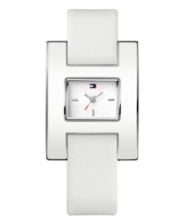 Iconic Tommy Hilfiger style marks this unique twist on a white-on-white watch. White leather strap and large rectangular stainless steel case with white enamel. White dial features silver stick indices at three, six and nine o'clock, three hands and iconic flag logo at twelve o'clock. Quartz movement. Water resistant to 30 meters. Ten-year limited warranty. Iconic Tommy Hilfiger style marks this unique twist on a white-on-white watch. White leather strap and large rectangular stainless steel case with white enamel. White dial features silver stick indices at three, six and nine o'clock, three hands and iconic flag logo at twelve o'clock. Quartz movement. Water resistant to 30 meters. Ten-year limited warranty.