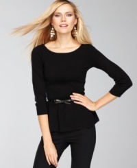 Outfitted with a studded bow belt and a pretty peplum hem, INC's petite sweater is full of feminine appeal. Outfitted with a studded bow belt and a pretty peplum hem, INC's petite sweater is full of feminine appeal.