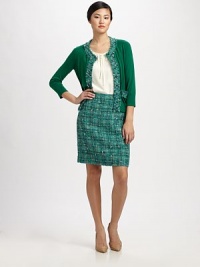 Made from a magnificent blend of silk and cotton, this cardigan features tweed trim for a look that is signature Kate Spade New York.Round neckThree-quarter sleevesButton closureFront pocketsTweed trimAbout 21 from shoulder to hem70% silk/30% cottonDry cleanImportedModel shown is 5'9 (175cm) wearing US size Small. Made from a magnificent blend of silk and cotton, this cardigan features tweed trim for a look that is signature Kate Spade New York.Round neckThree-quarter sleevesButton closureFront pocketsTweed trimAbout 21 from shoulder to hem70% silk/30% cottonDry cleanImportedModel shown is 5'9 (175cm) wearing US size Small.